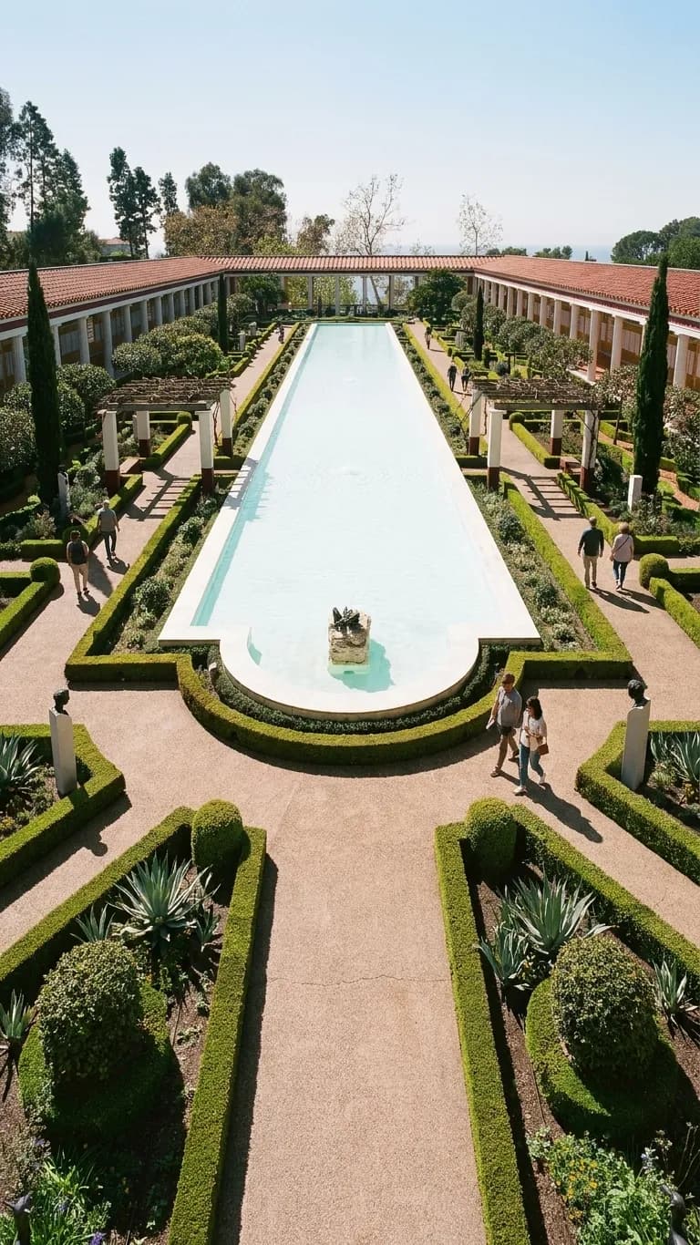 A formal garden courtyard with gravel paths around a still pool, cypress and a colonnade casting striped shadows