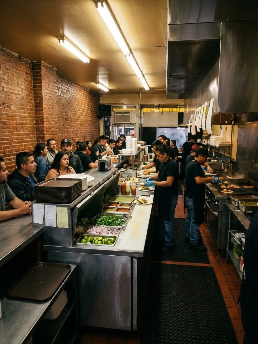 Busy Mission taco counter with a simple order window and takeout rhythm