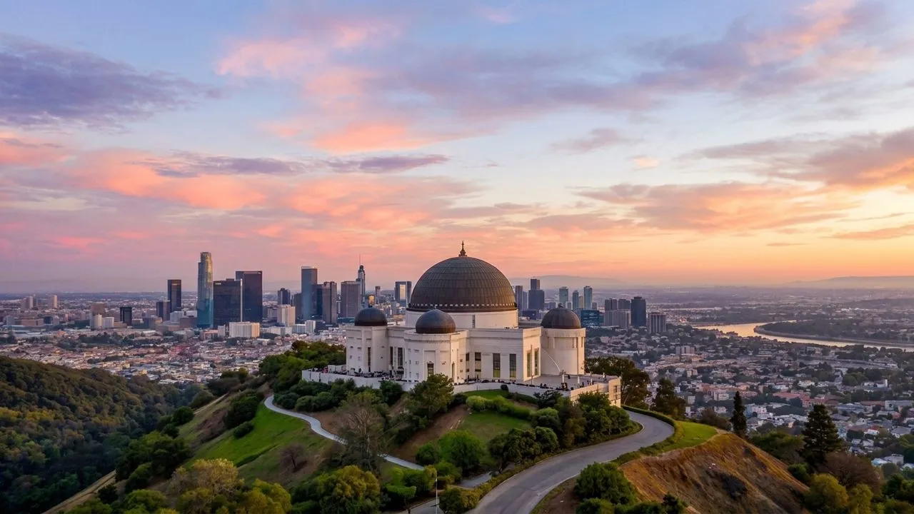 Sunset crowd and city view from Griffith Observatory in Los Angeles