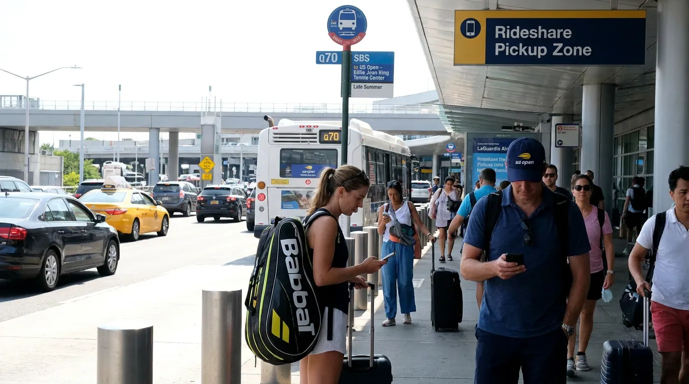 Photorealistic US Open tennis scene for LaGuardia to US Open Without a Rental Car.