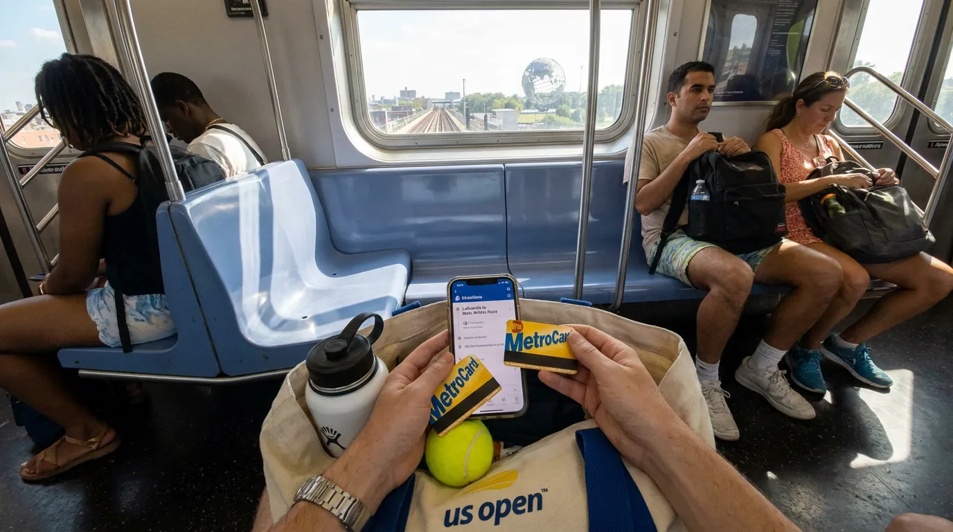 Photorealistic tennis scene illustrating LaGuardia to US Open Without a Rental Car.