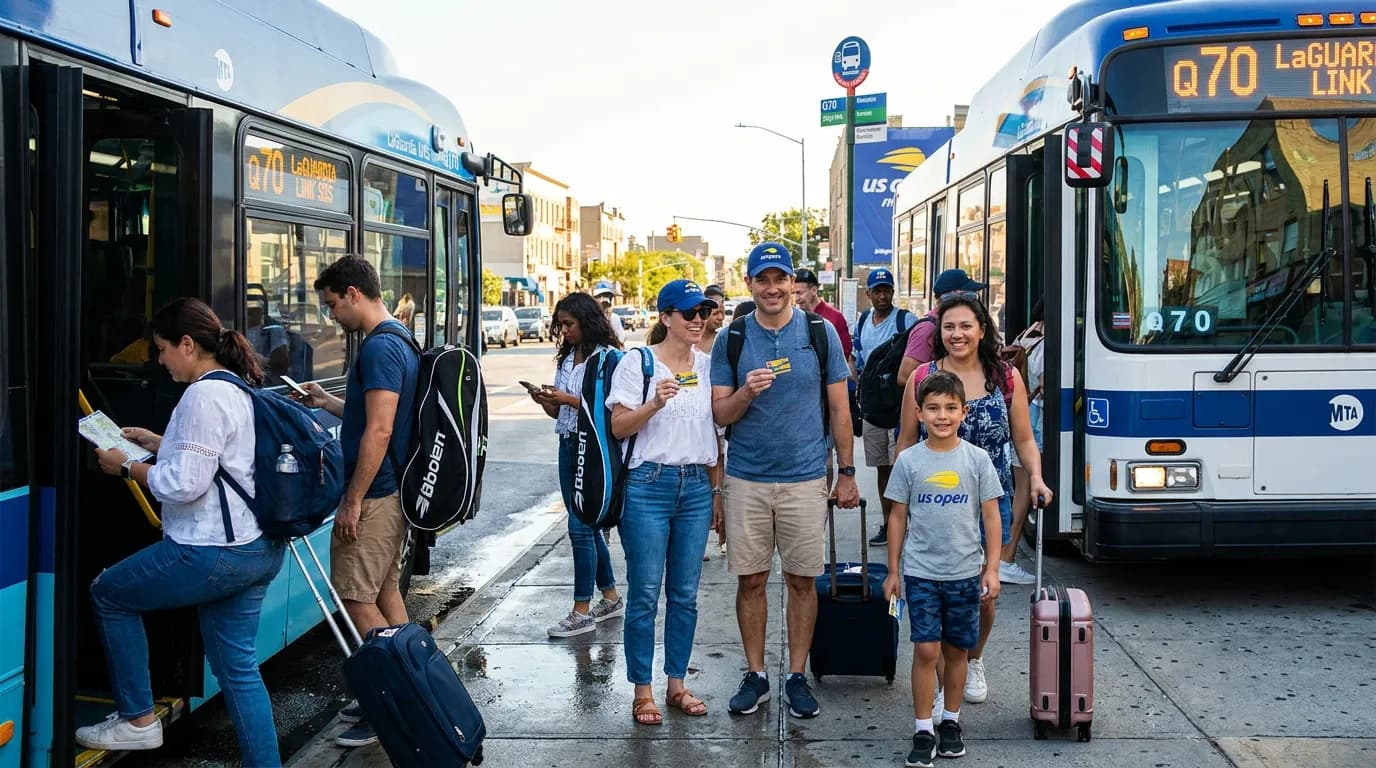 Bright US Open tennis atmosphere illustrating LaGuardia to US Open Without a Rental Car.