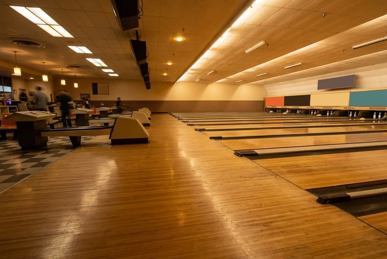 Restored wooden bowling lanes running away from the camera under warm light