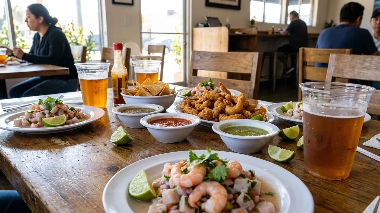 Casual seafood spread with lime and chips on a table