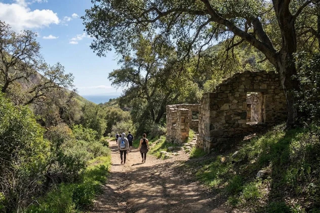 A shaded canyon trail with ruins and greenery in Malibu