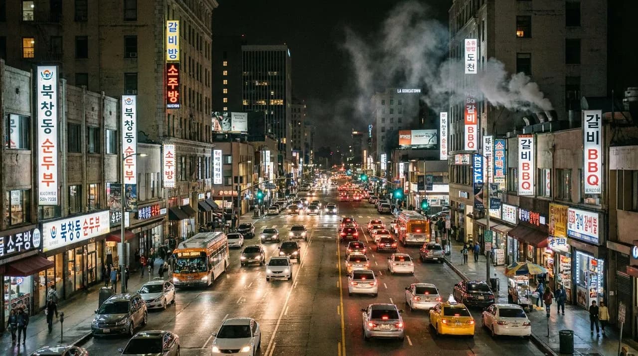 LA Koreatown at night with bright Korean signage and BBQ smoke from rooftops