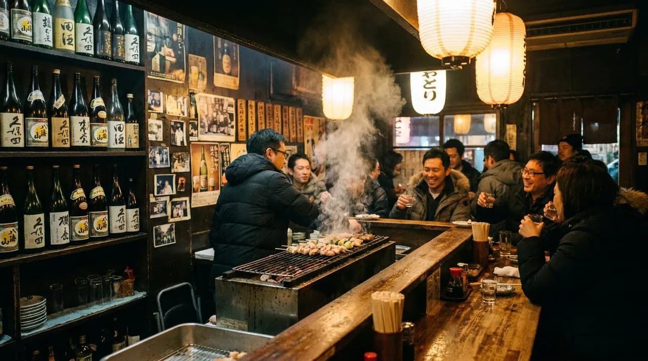 An izakaya interior in Little Tokyo LA with yakitori and lantern lighting