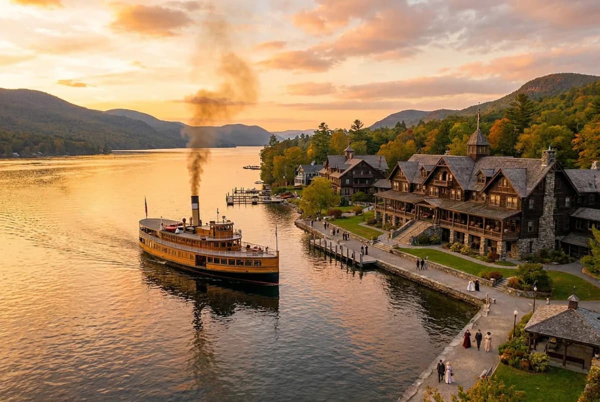 A grand old lakeside resort town with a steamboat on a large mountain-ringed lake at golden hour
