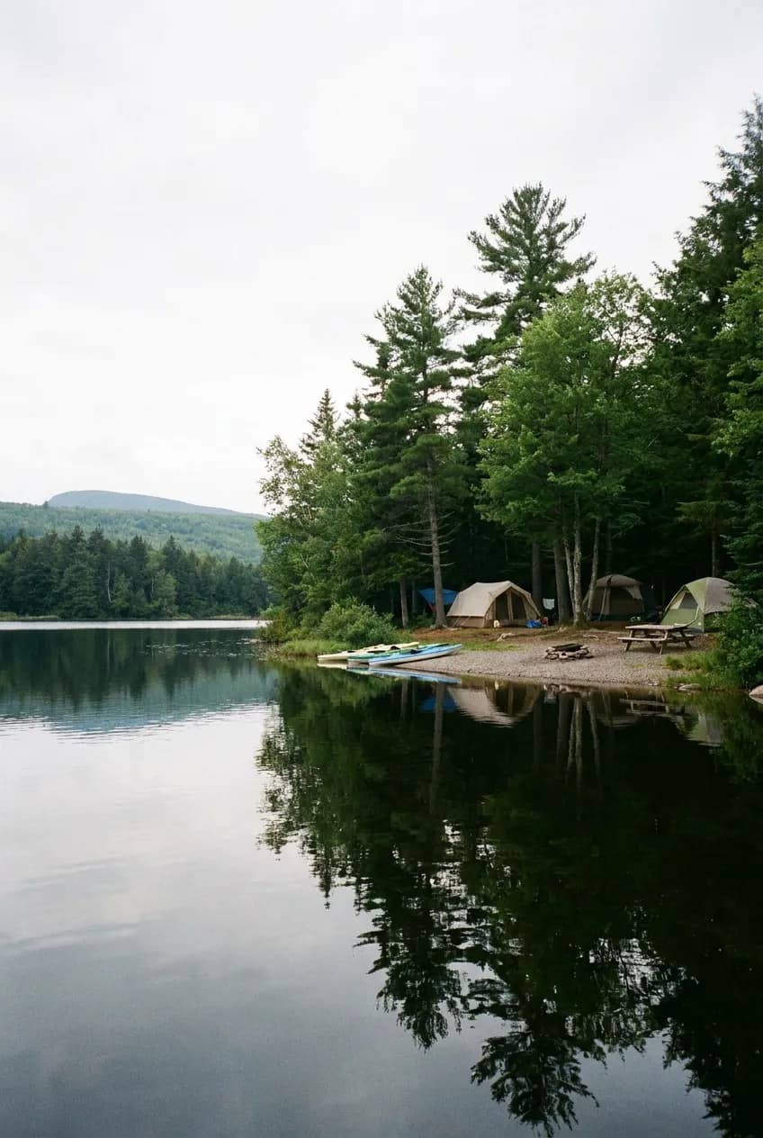 Lakefront campground near NYC with tents and trees