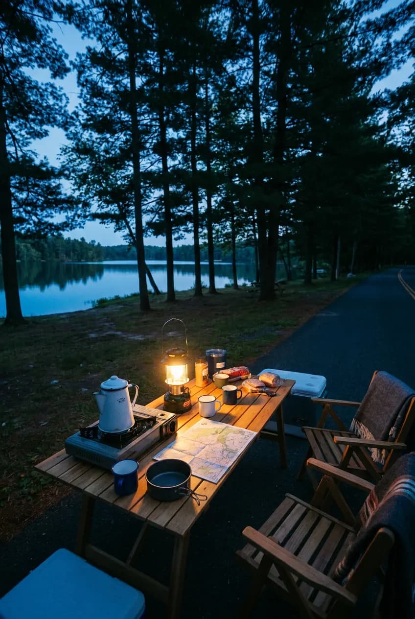 Dusk camp table at a lakefront campground