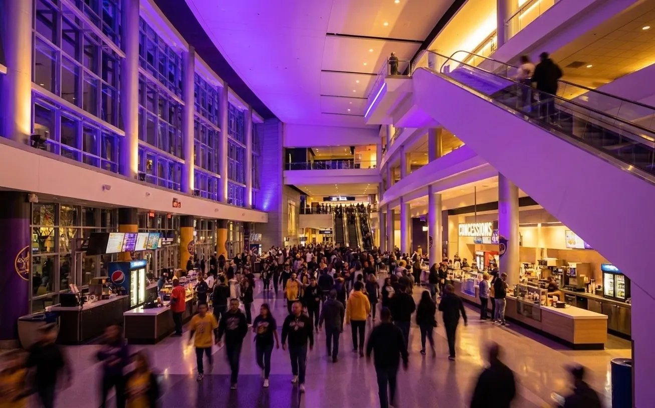 Crypto.com Arena main concourse with purple and gold lighting before Lakers tip-off