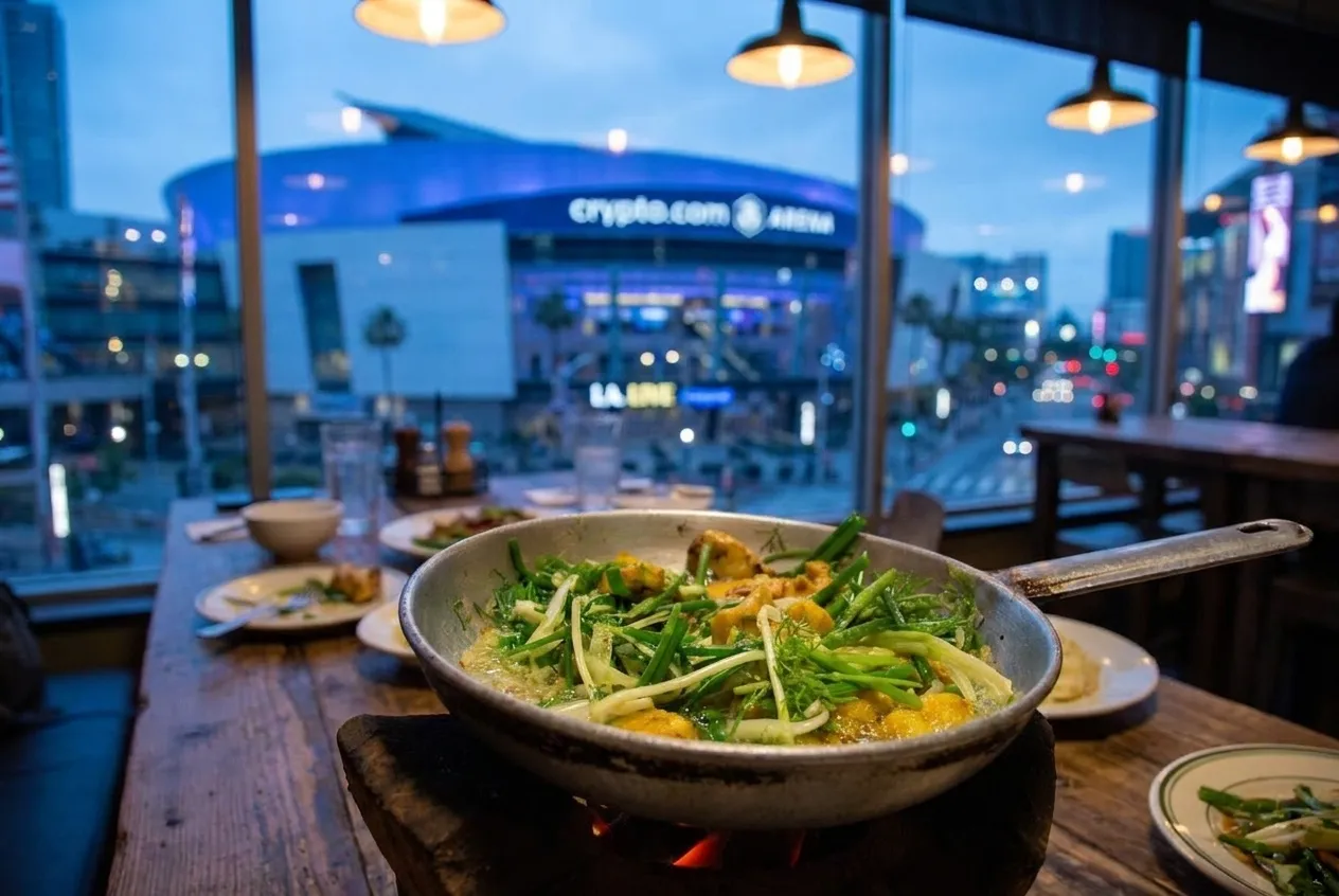 Pre-game dinner spread at an L.A. Live restaurant with Crypto.com Arena visible through windows