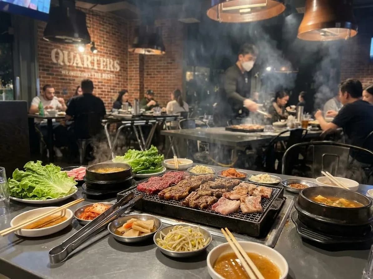 Korean barbecue spread on a tabletop grill in Los Angeles