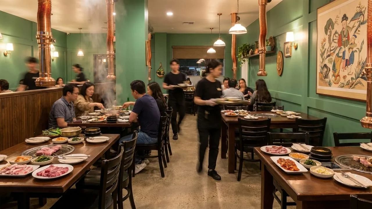 Elegant Korean barbecue dining room in Koreatown, Los Angeles