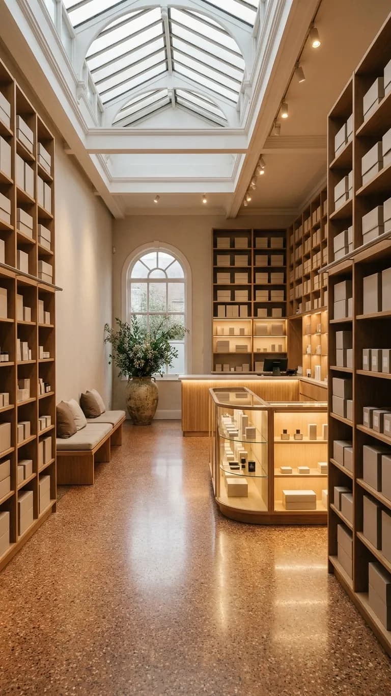 A small boutique retail interior with a curved glass display case, lit shelving of blank boxes, terrazzo floor and a plant by the window