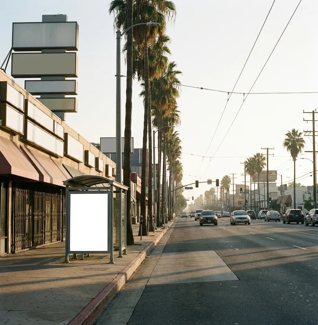 A Koreatown boulevard in the afternoon with low storefronts, blank sign panels, a bus shelter at the kerb and palms down the median