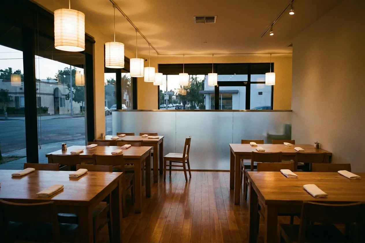 A small quiet dining room with six generously spaced tables, a frosted-glass partition and a row of paper shades along the ceiling