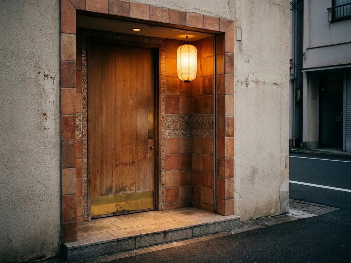 A plain timber restaurant door set into a tiled recess with a small paper lantern glowing above it and light pooling on the threshold