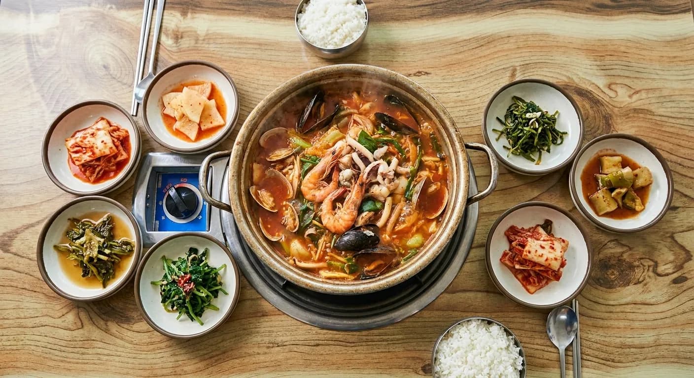 A bubbling seafood stew on a tabletop burner ringed by eight small side dishes, steel bowls of rice and chopsticks