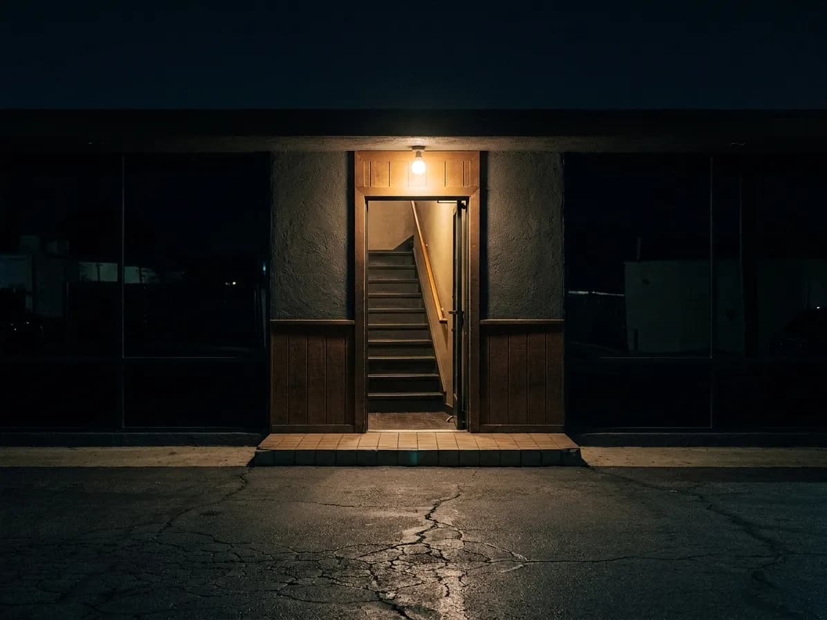A narrow doorway at the foot of an interior staircase lit by one warm bulb, with a dark plaza forecourt behind