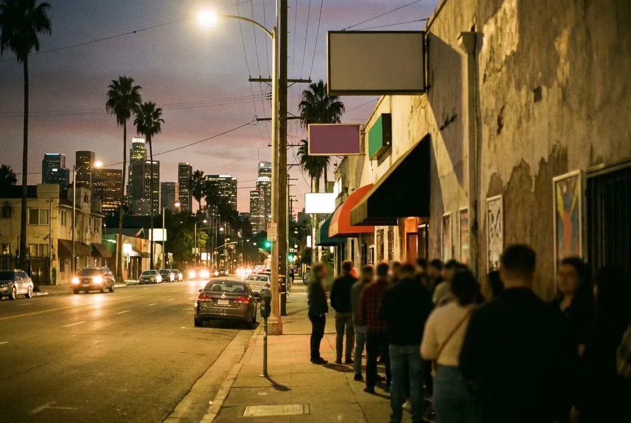 An eastside boulevard at night outside a small venue, a queue forming along the wall