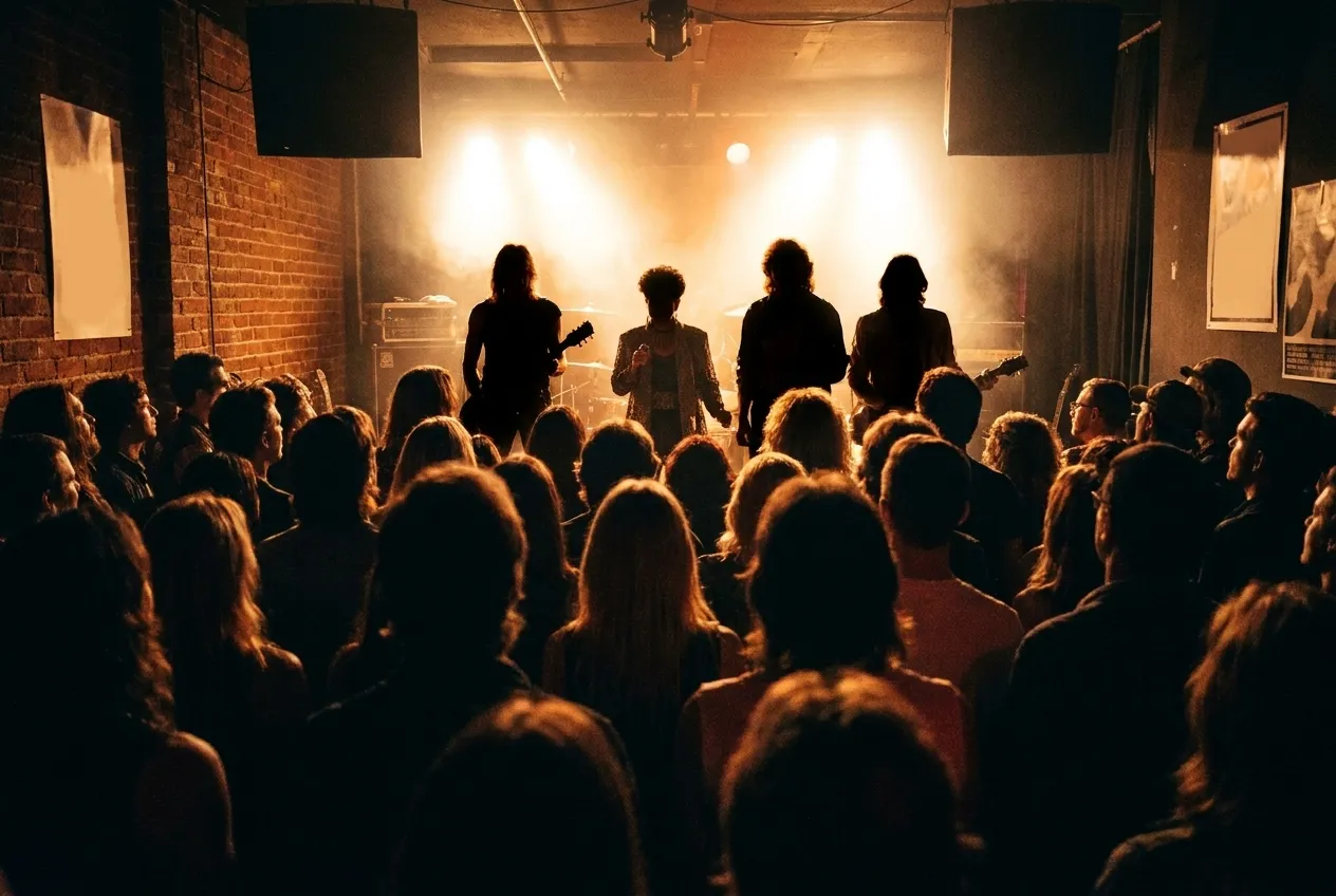 The back of a small room during a set, silhouettes against stage light