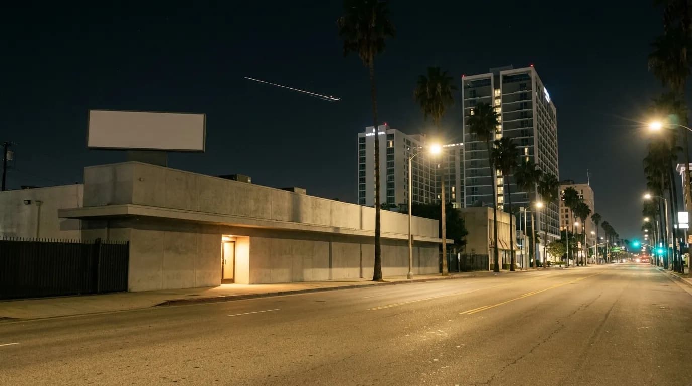 A low modern building on Century Boulevard near Los Angeles International Airport at night, hotel towers behind it.