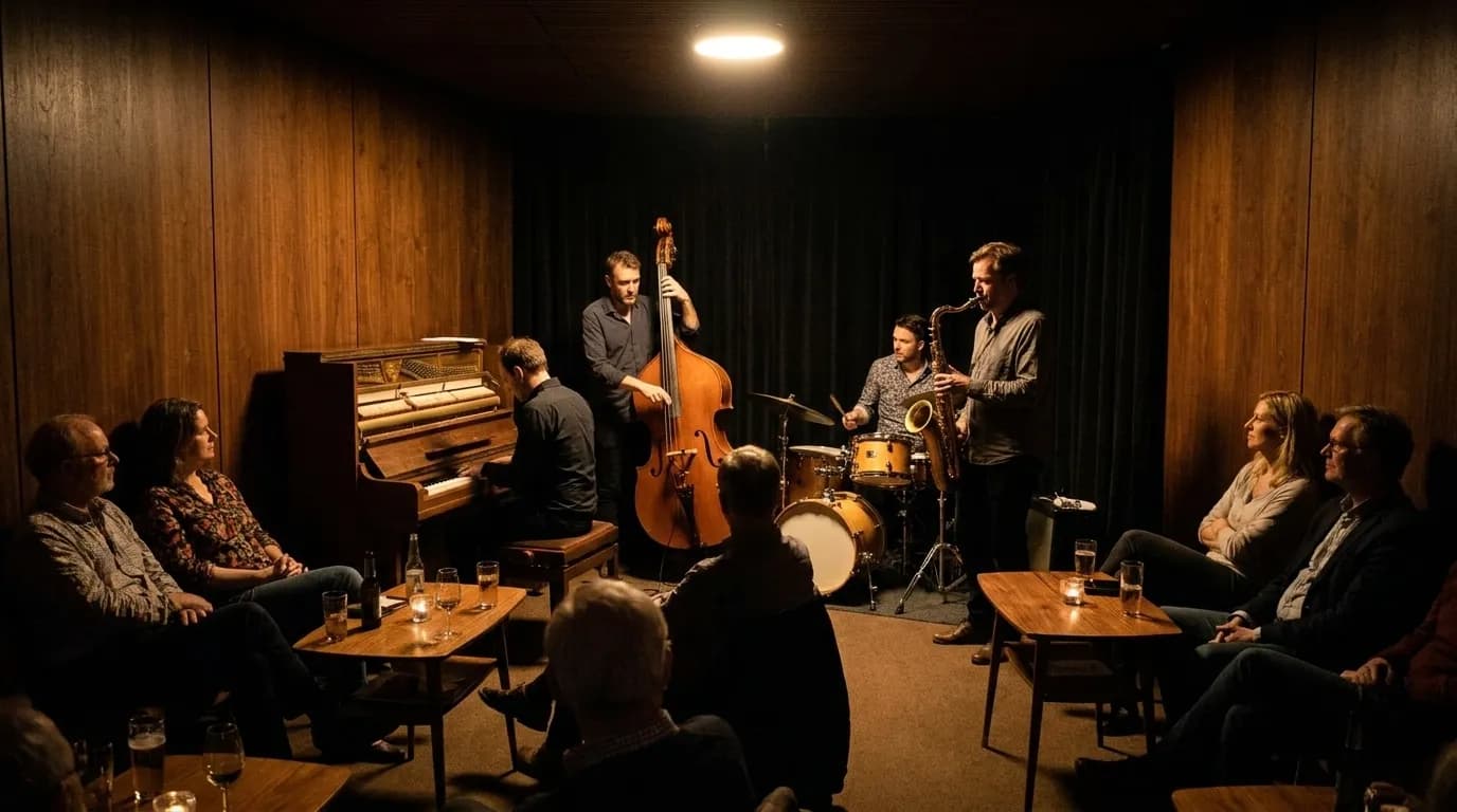 A jazz quartet playing in a small dark mid-century room with the audience seated a few feet away.