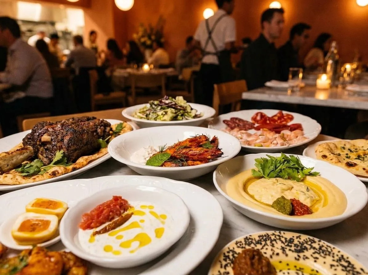 A warm mezze spread and grilled dishes on a restaurant table