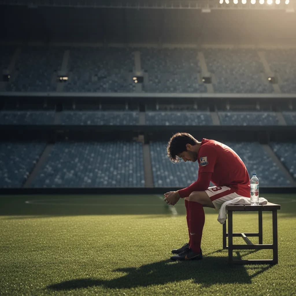 A player sits alone on the bench after a World Cup match