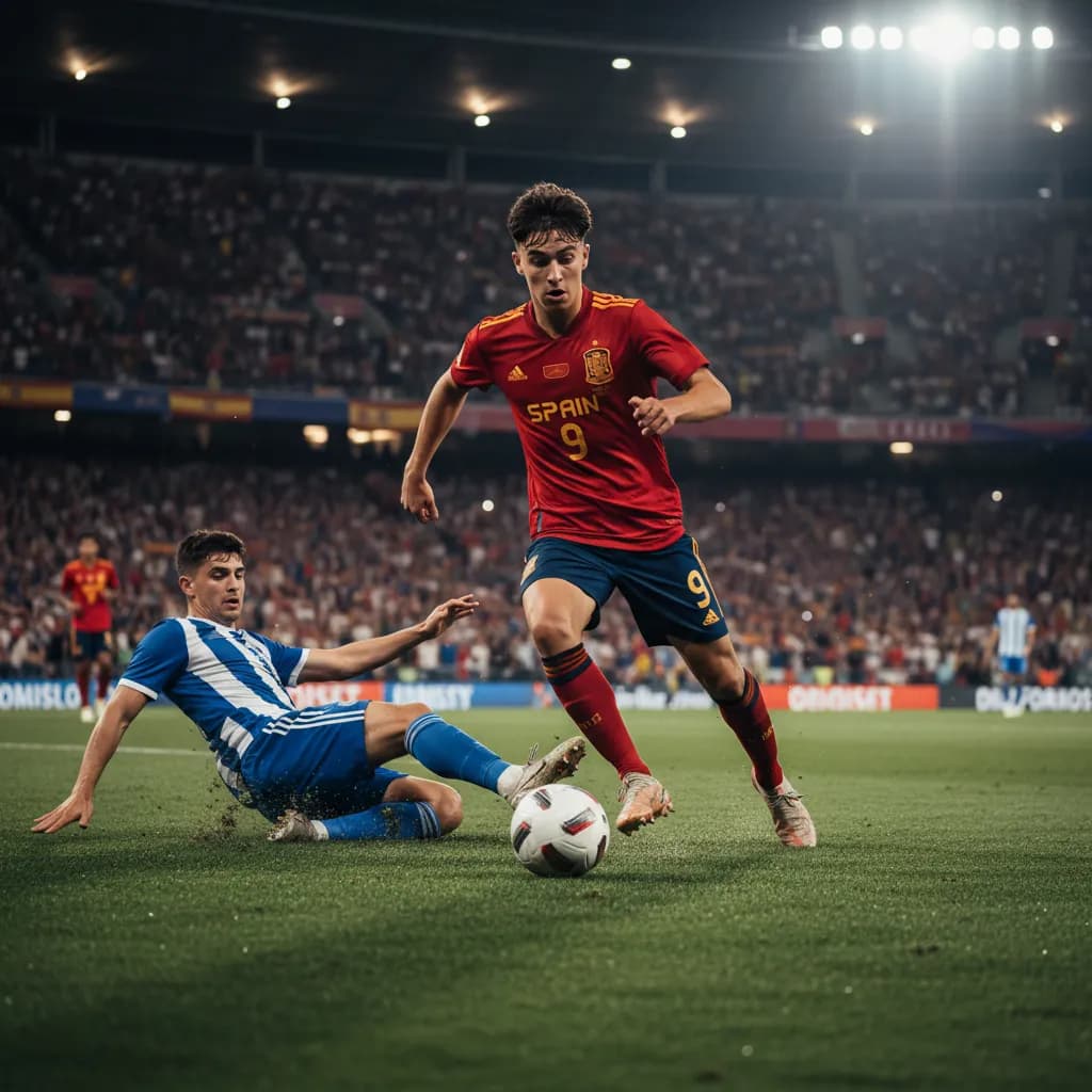 Lamine Yamal dribbling past a defender in Spain's red jersey during World Cup 2026