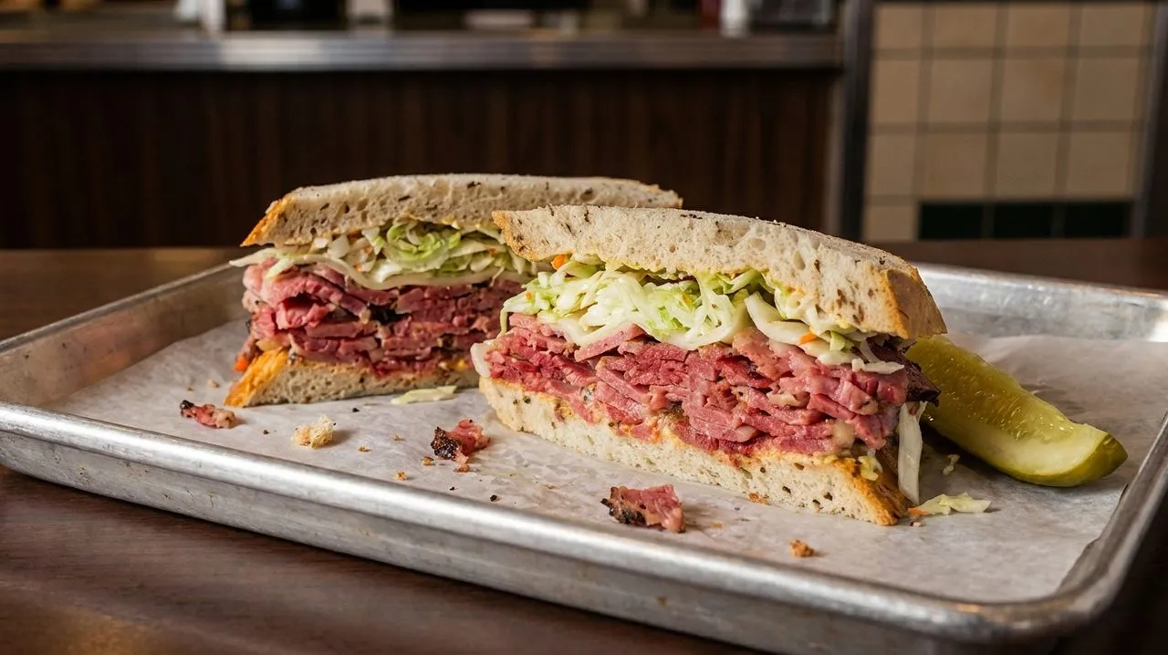 A stacked pastrami sandwich on rye with mustard and pickles.