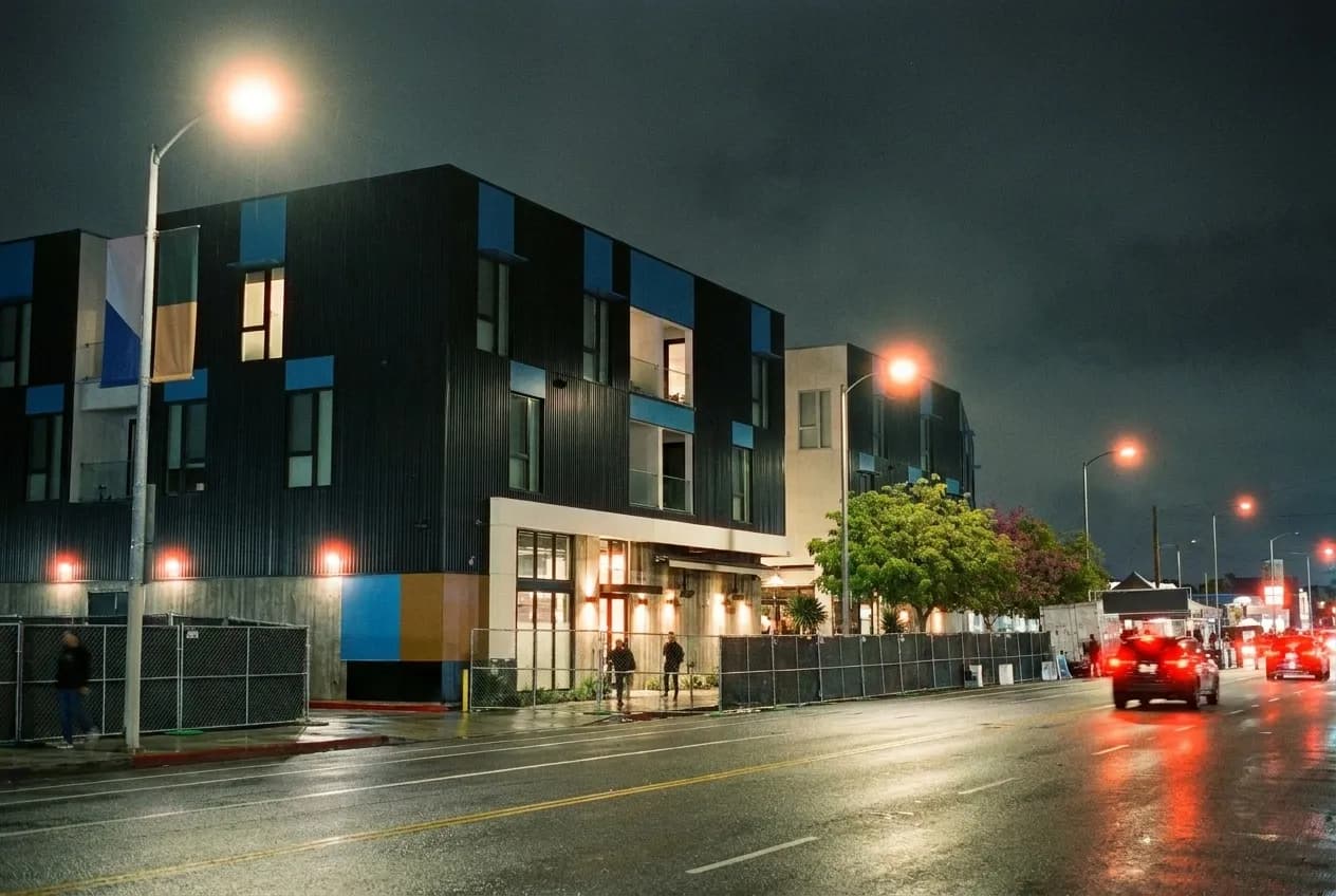 A low-rise stretch of eastside boulevard at night, tail lights running east
