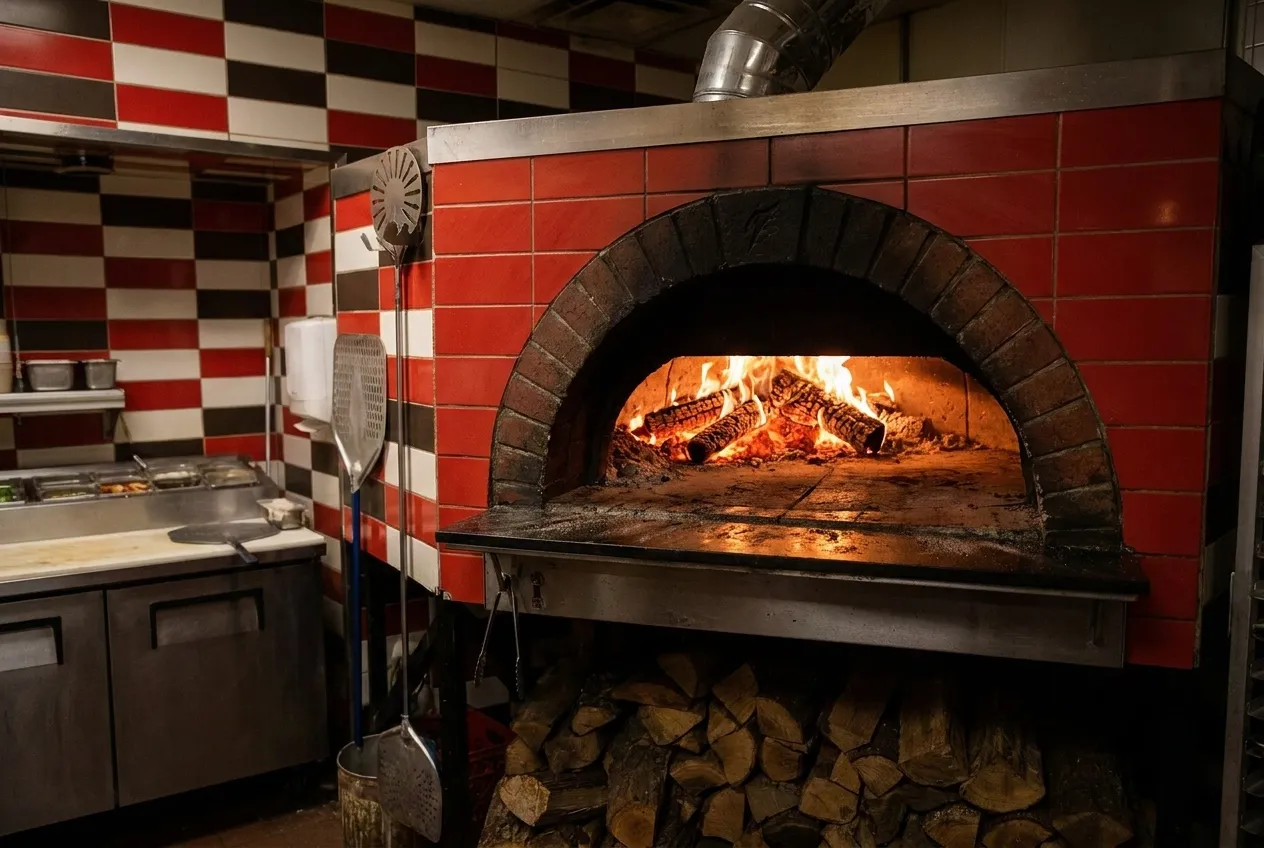 A pizza oven mouth glowing in a small kitchen at the end of service