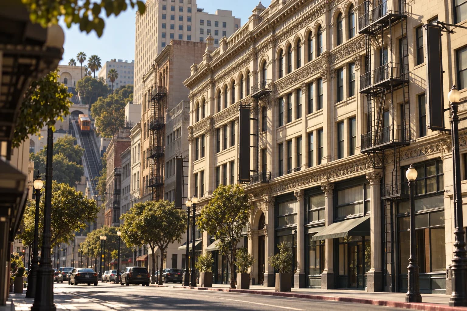 A historic downtown Los Angeles street with early twentieth century buildings