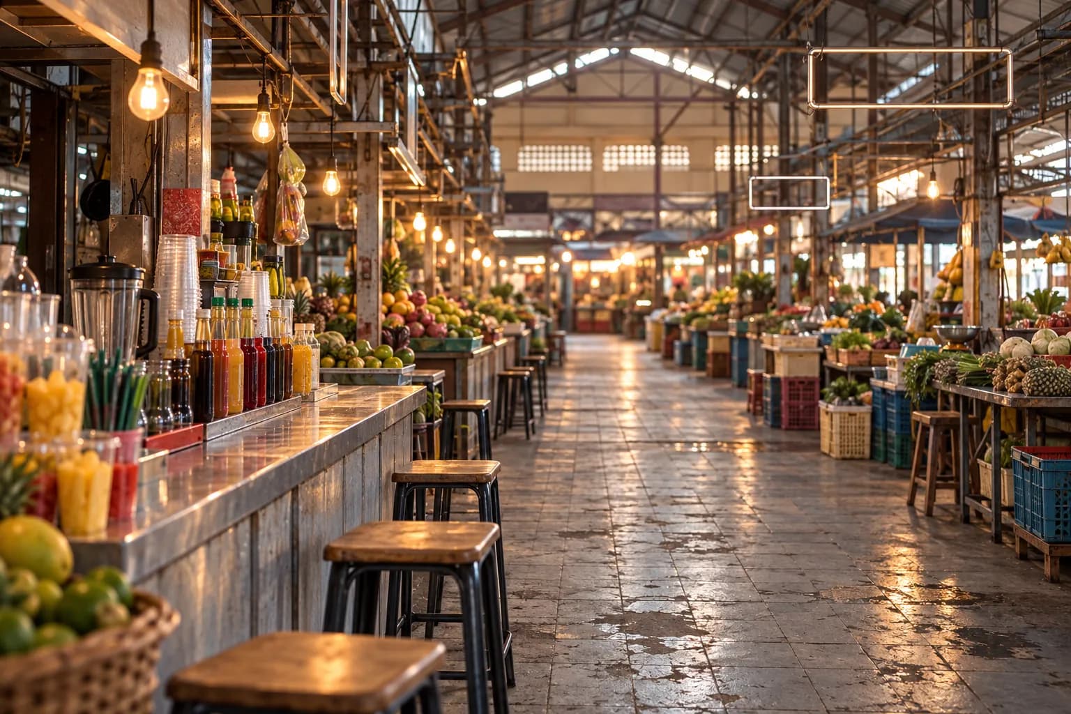 A long market hall with neon-lit counters and stools along the aisles