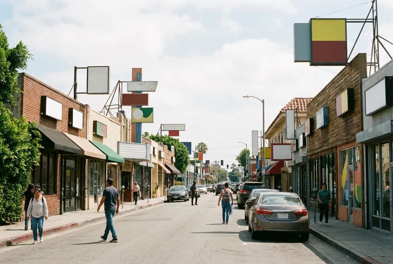 A stretch of northeast Los Angeles boulevard in the middle of the day, low storefronts either side