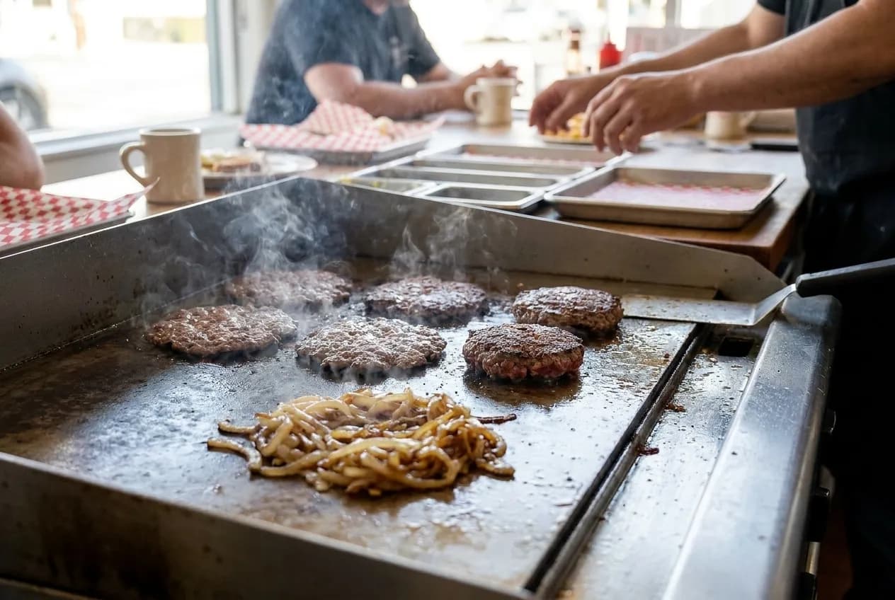 A griddle mid-service at a counter place, patties pressed and waiting