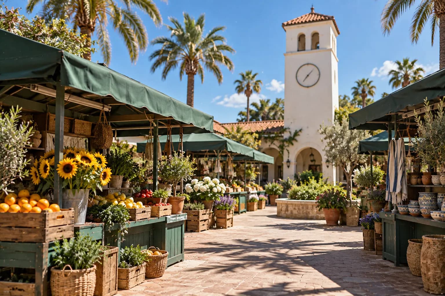 An open-air market with a clock tower and green awnings in bright sun