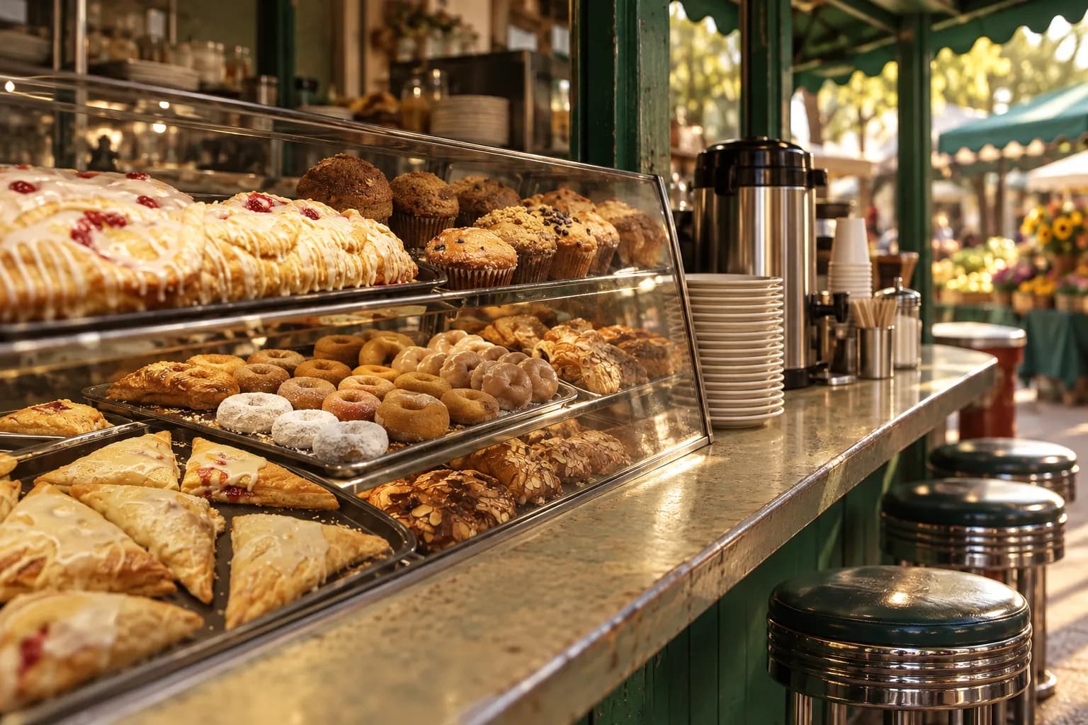 A market counter with pastries and coffee under a green painted awning