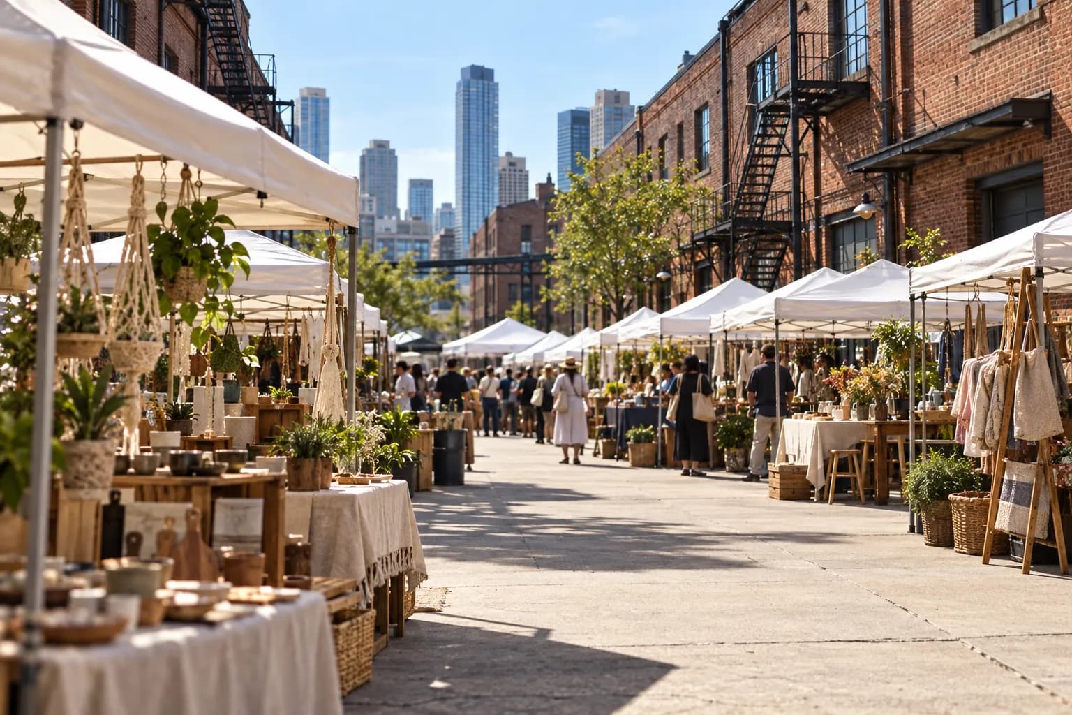 An open-air market of stalls in a converted industrial courtyard