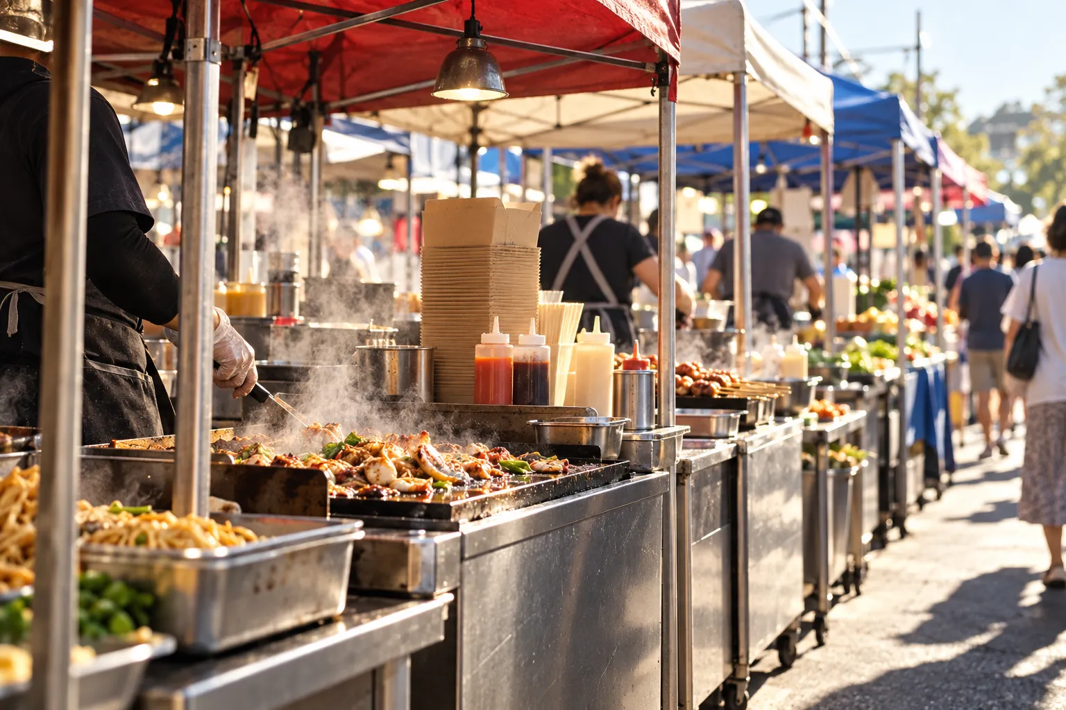 A row of market food stalls with awnings under bright sun
