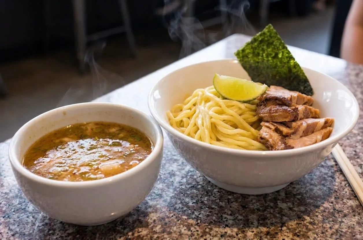 A rich bowl of ramen with chopsticks, broth, and toppings on a counter