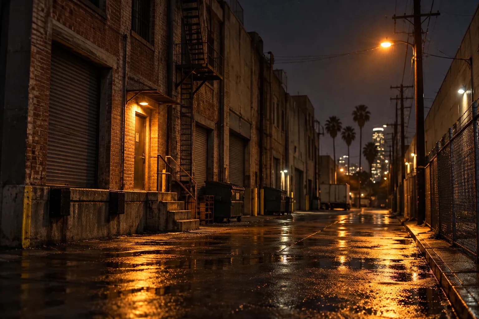 A warehouse alley in the Los Angeles Arts District at night with a single lit doorway