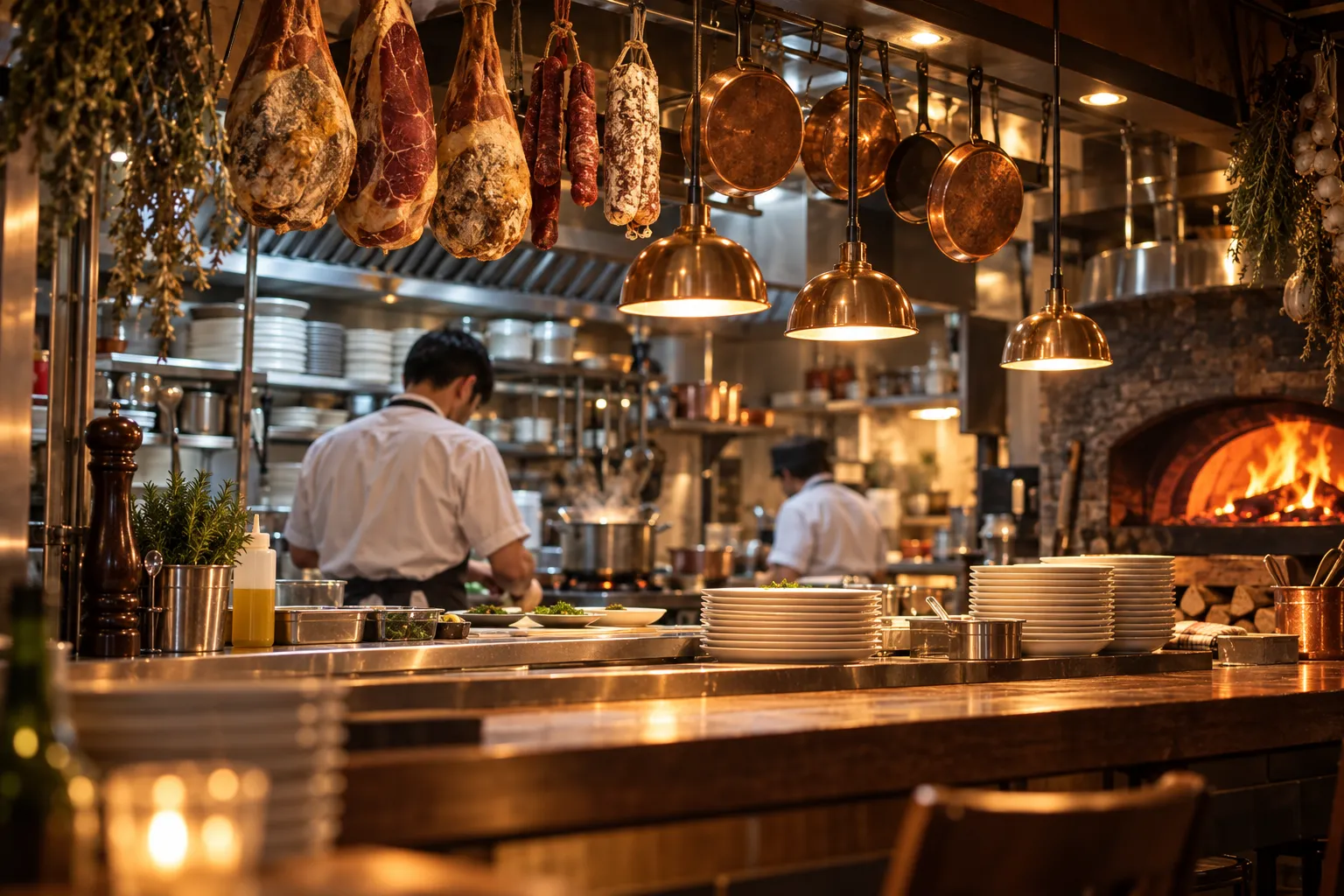 A busy open restaurant kitchen with hanging cured meats and warm overhead light
