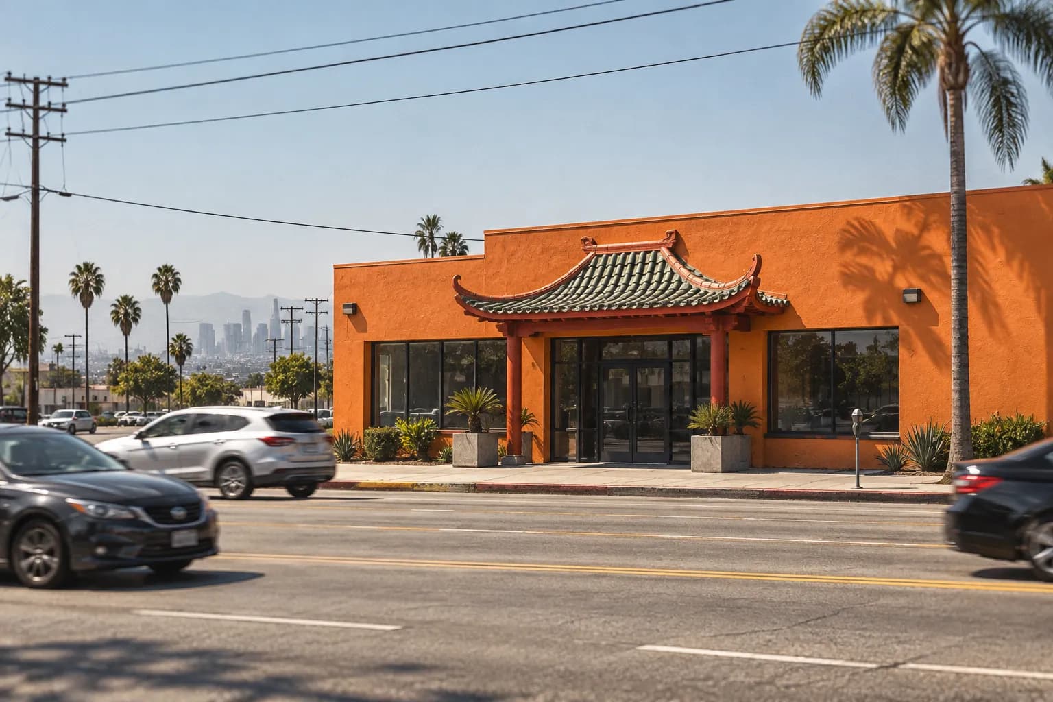 A bright orange building with a pagoda-style roofline on a wide Los Angeles boulevard