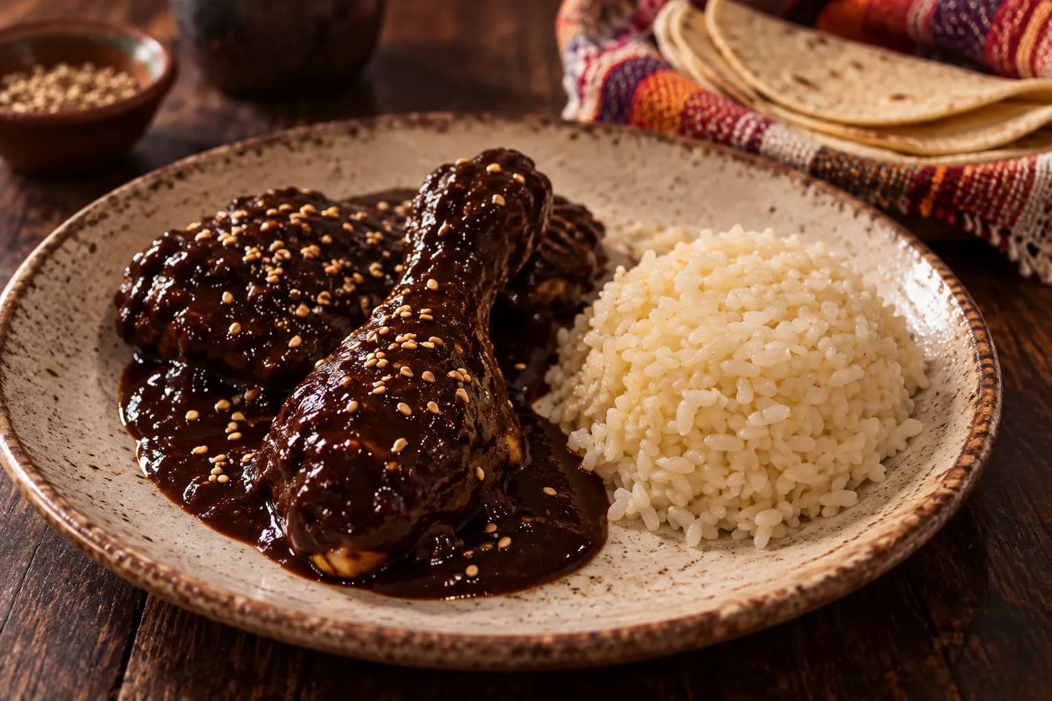 Dark mole sauce over chicken with rice and tortillas on a ceramic plate