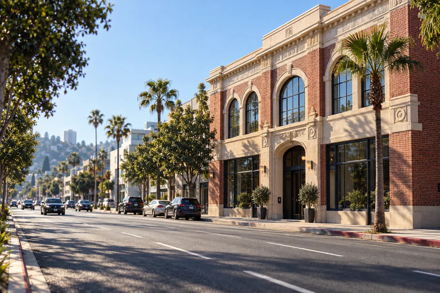 A 1920s brick and stucco building facade on a wide Los Angeles boulevard in morning light