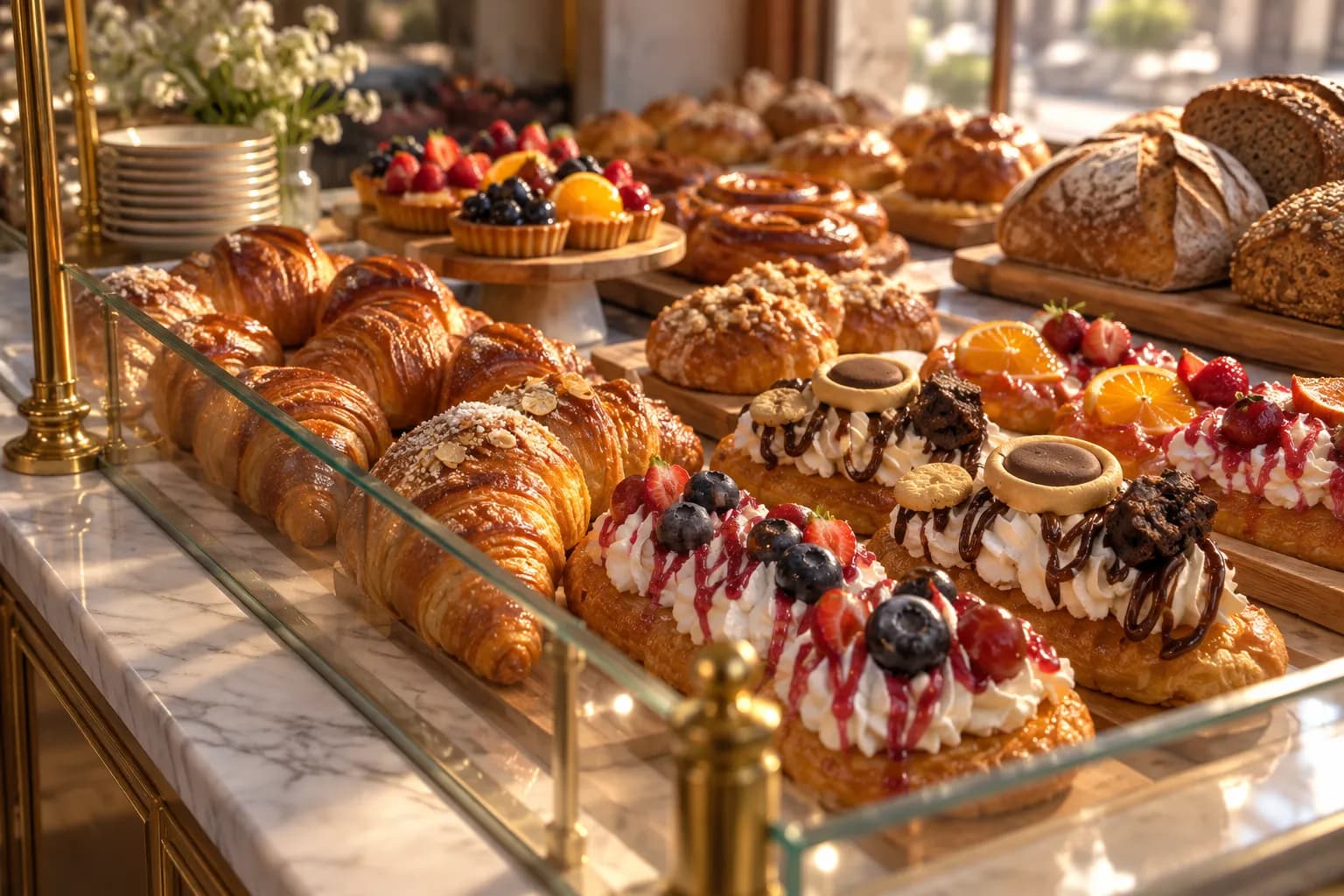 A bakery counter case filled with croissants and pastries under warm light