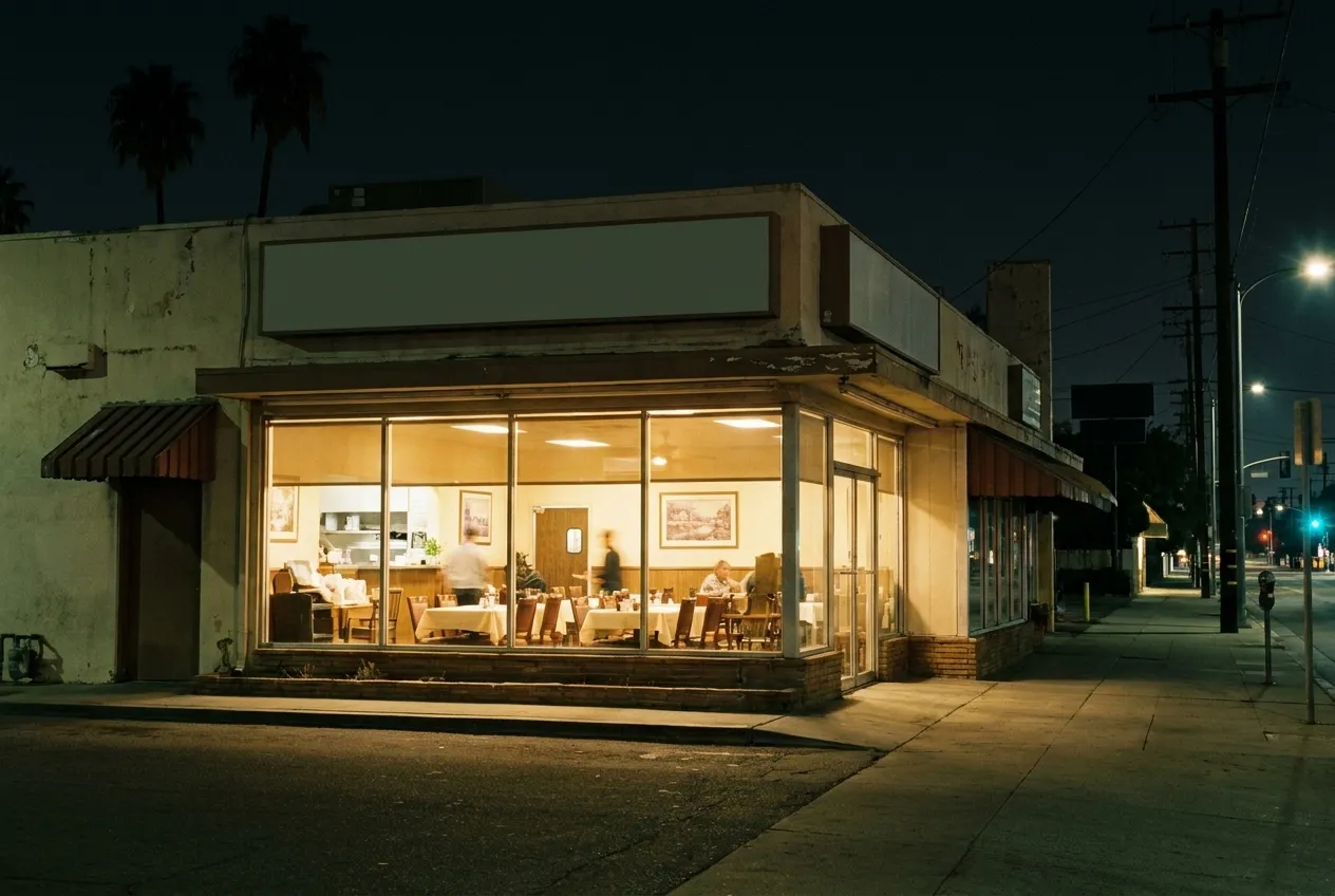 A lit dining room seen from an empty street on a night when little else is open